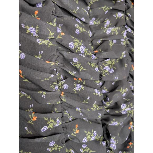 Ruched Sheer Black Floral Milkmaid Whimsigoth Dark Fairy Coquette Mini Dress M - Picture 7 of 10